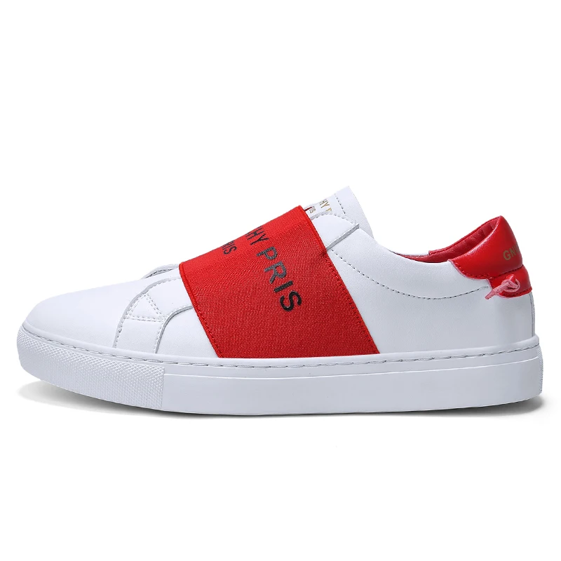 white red Мужские белые туфли; Новинка; модная повседневная обувь для студентов; Цвет черный, белый; белые туфли на плоской подошве; Мужская трендовая дышащая обувь; zapatos hombre - Цвет: white red