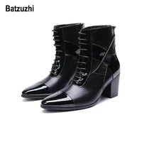 batzuzhi limited edition 7cm high heel men boots short pointed toe black leather dress boots men handsome lace up botas hombre