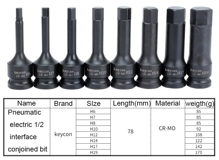 

78mm Long 1/2" 12.5mm Drive Grey Pneumatic Hex Driver Socket Inner Hexagon Head Screwdriver Bit Pneumatic H-type Hexagon socket