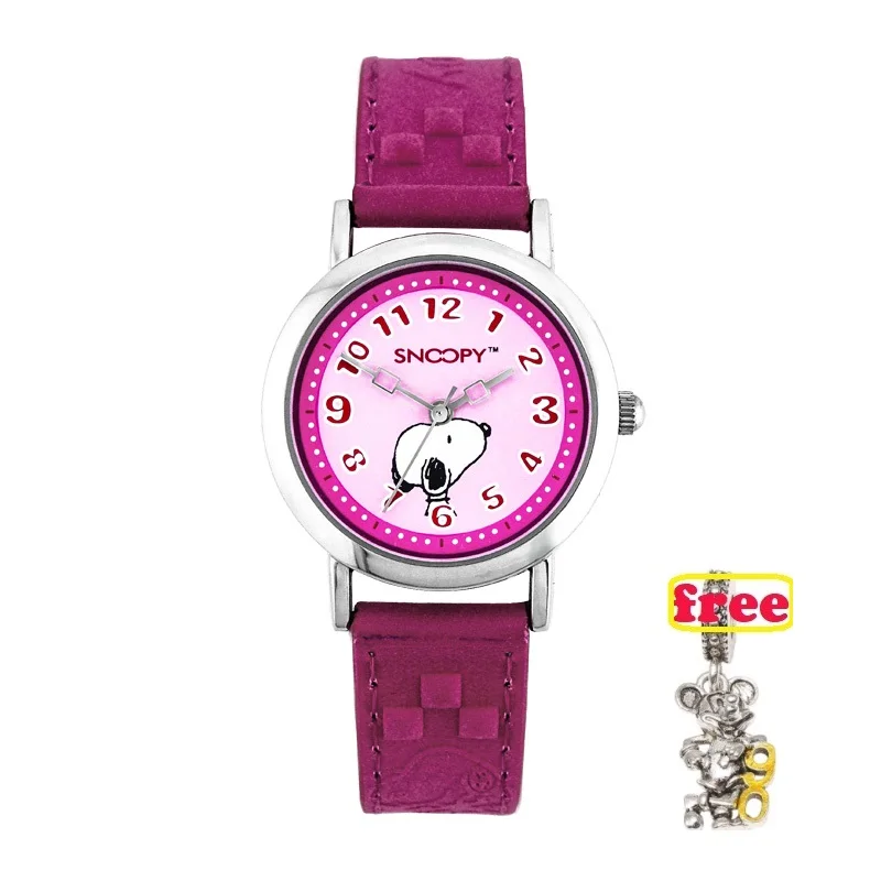 SNOOPY/Новинка; оригинальные часы для девочек; Детские часы с героями мультфильмов; модные милые детские часы с кожаным ремешком; японские кварцевые часы; relogio feminino - Цвет: WINE RED