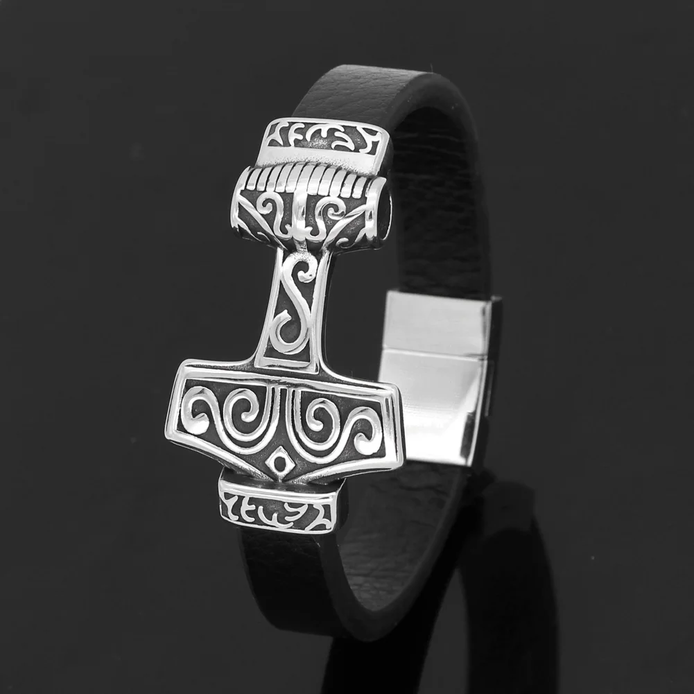 Мужской браслет Молот Тора MJOLNIR из натуральной кожи нержавеющая сталь с