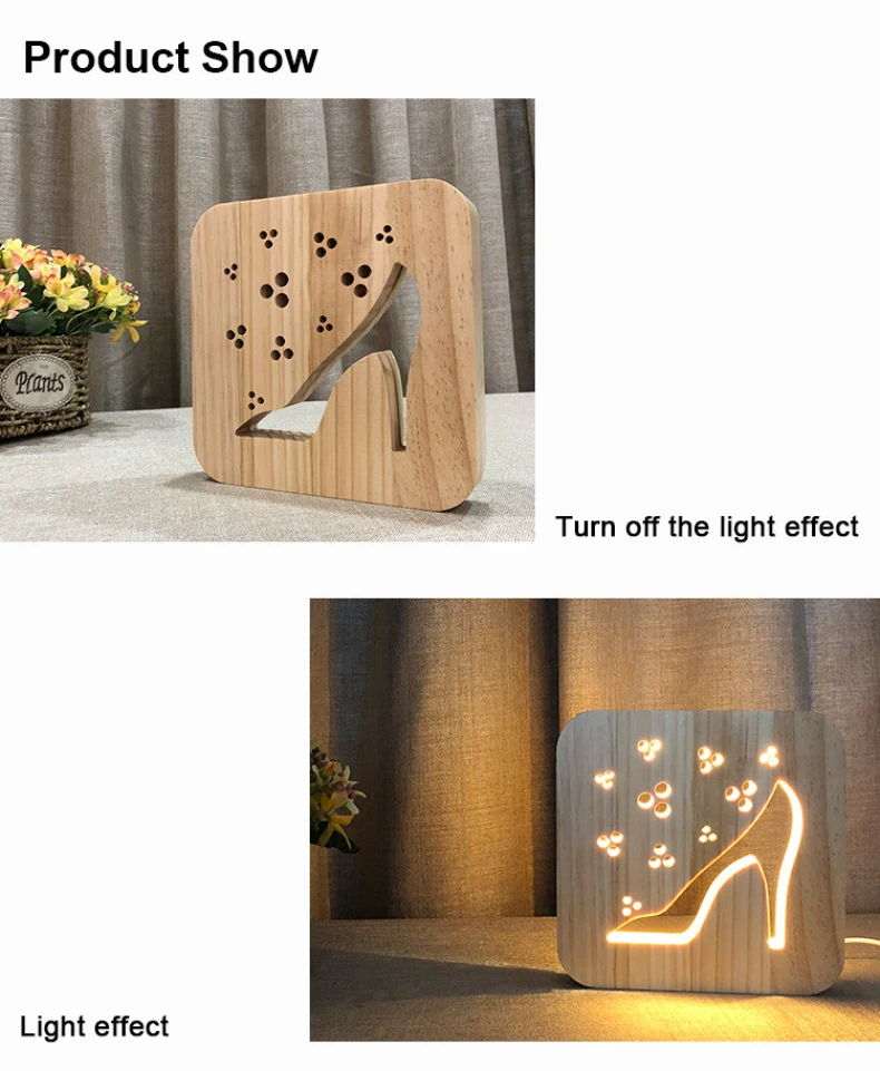 Creative Women's shoes Led Night Light Wooden Desk Lamp USB Plug Bedside Led Night Light Lady Gift Night Atmosphere Lamp