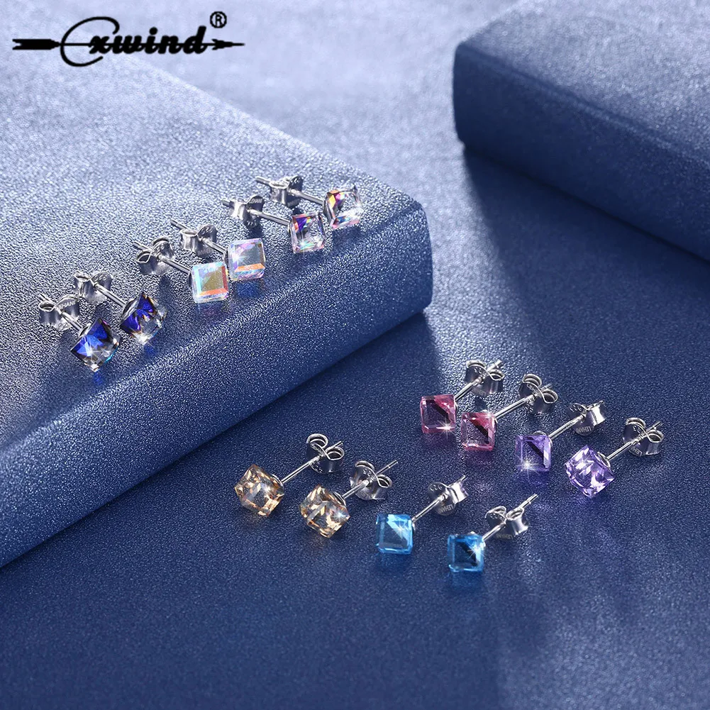 

Cxwind 7 colors Zircon Earrings for Women Girl 2019 Geometric Cube Stud Earrings Hypoallergenic Ear Pin Crystal brincos