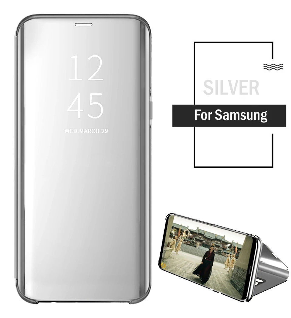 Hussain умный зеркальный чехол для телефона samsung Galaxy A5 A6 A7 A8 Plus S10 Lite S10 9 8 Plus S7 6 Edge прозрачный вид откидная крышка - Цвет: Silver