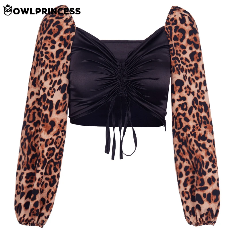 Женский топ с леопардовым принтом OWLPRINCESS Осенний длинными рукавами и v образным