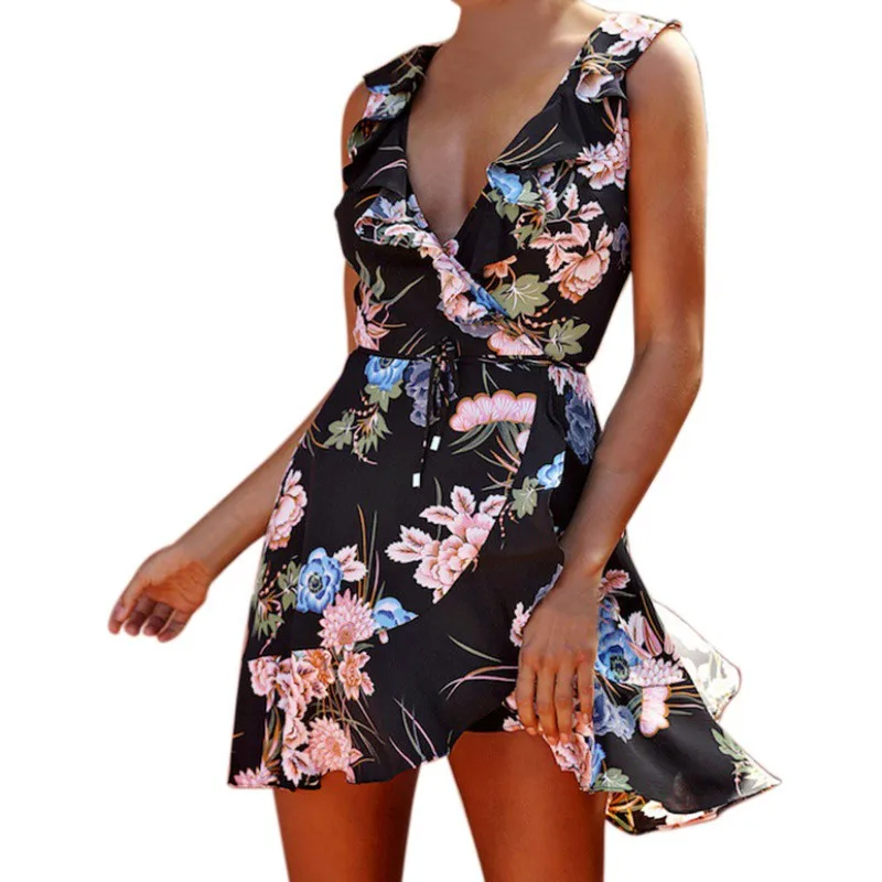 Summer Lady Sexy Flower print Dresses Black Print Hem folds Bohemian Style Belt Mini A-Line Beach Dress 7655 | Женская одежда