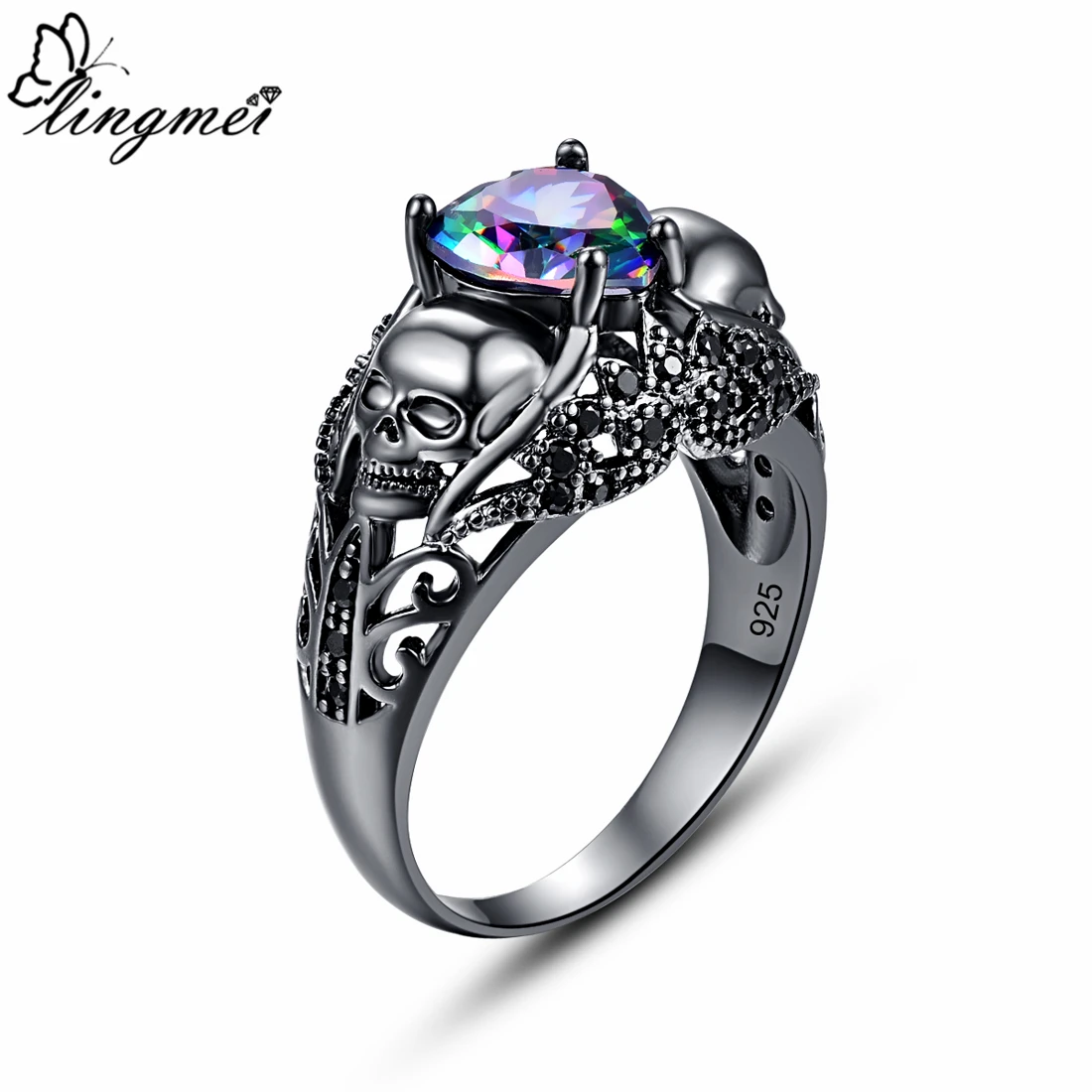 

lingmei Wholesale Drop Shipping New ExquisiteSilver ColorLove Heart Rainbow & Pink Zircon Black Gold Skull Ring Size 6 7 8
