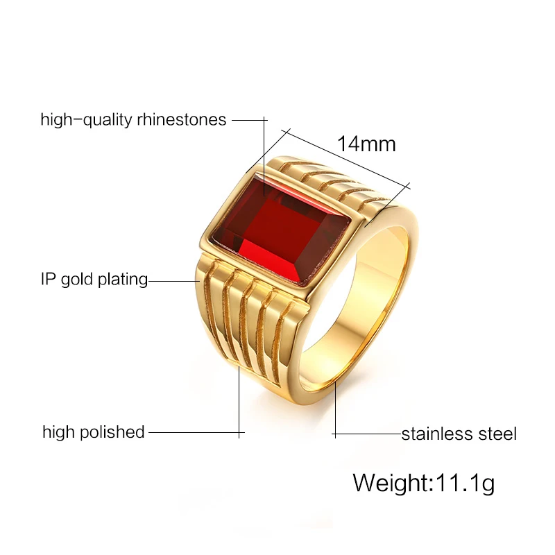 Мужское кольцо с квадратным красным камнем 14 мм Размер 7 11|stone ring|red stone ringstainless steel