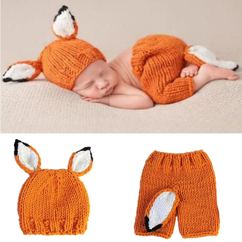 Animal Baby Photo Clothing Hand Made Knitted Infant Outfits Orange Sets Adorable Fox Hat + Pants 2pcs Suit Costumes