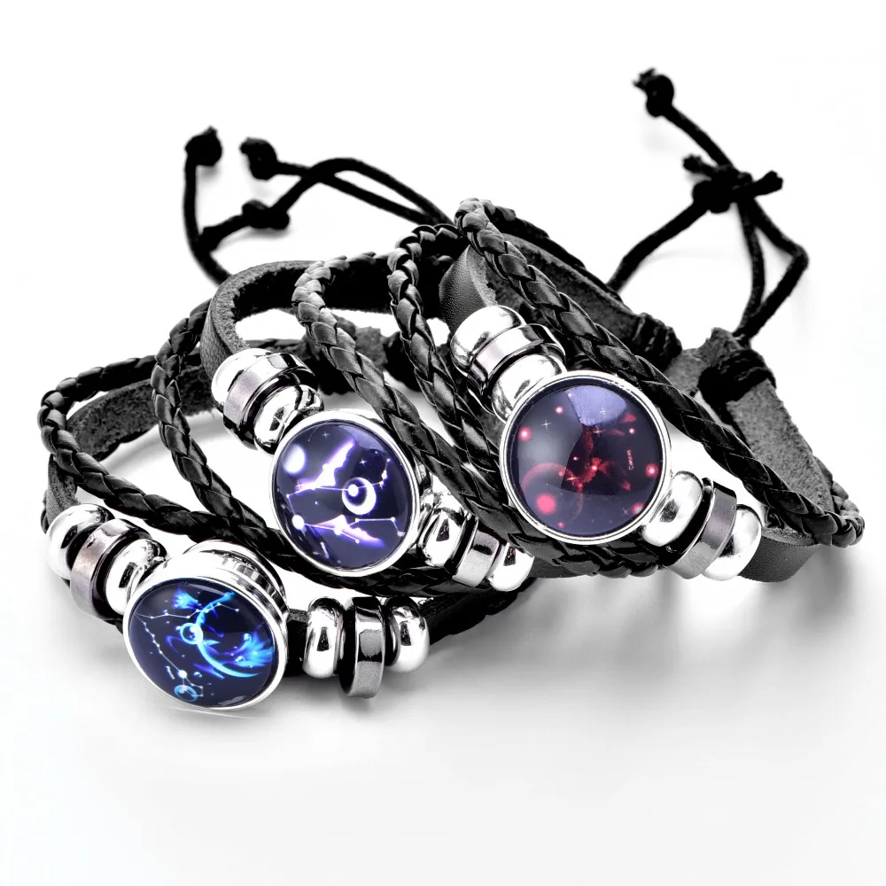 12 знаков созвездий панк черный плетеный кожаный браслет для женщин мужчин весы