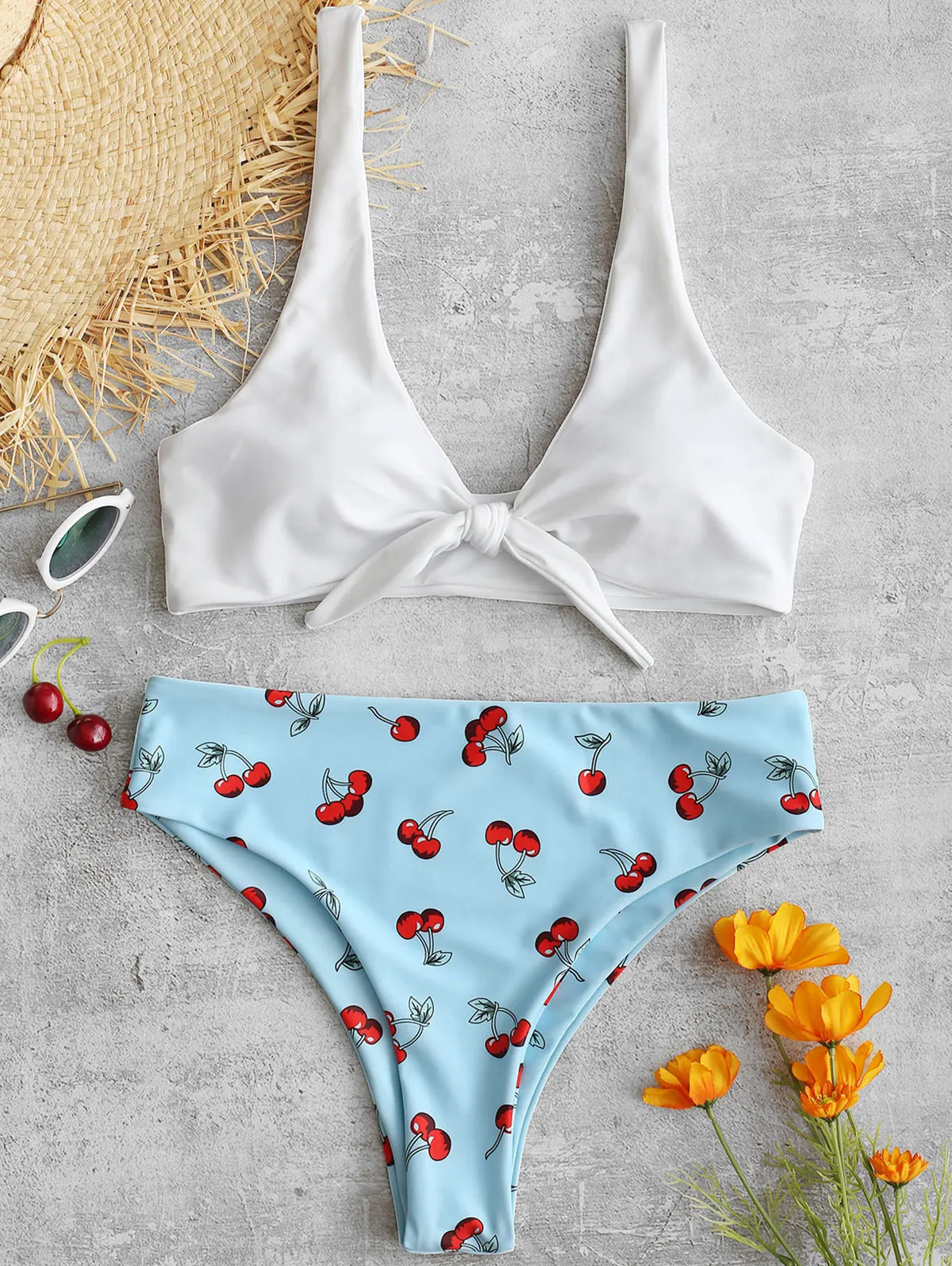 ZAFUL завязанное Вишневое бикини набор с высоким вырезом бикини Maillot De Bain пляжная одежда с глубоким вырезом женский купальник-бикини купальники - Цвет: Light Sky Blue