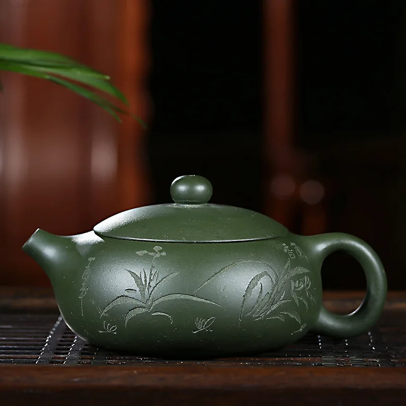 

Pottery Teapot Full Manual Green Mud Flat Xi Shi Teapot Kungfu Online Travel Tea Set Gift Infusion Of Tea Kettle Wholesale