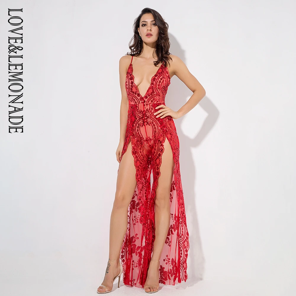 Женский комбинезон с блестками LOVE &amp LEMONADE красный глубоким V-образным вырезом