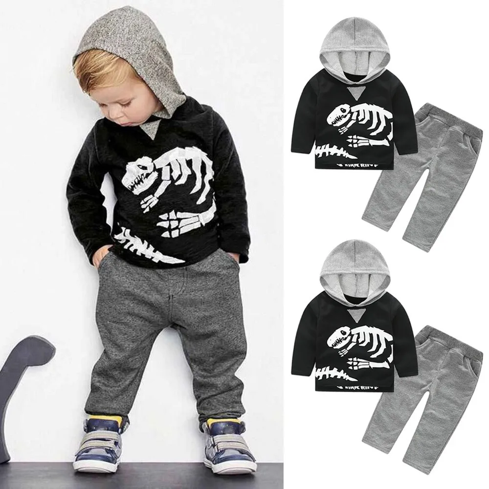 Warm Clothes Hot Selling Children Clothing Infant Toddler Kids Baby Girls Boys Dinosaur Bones Set Hooded Tops+Pants Outfit Boy | Детская