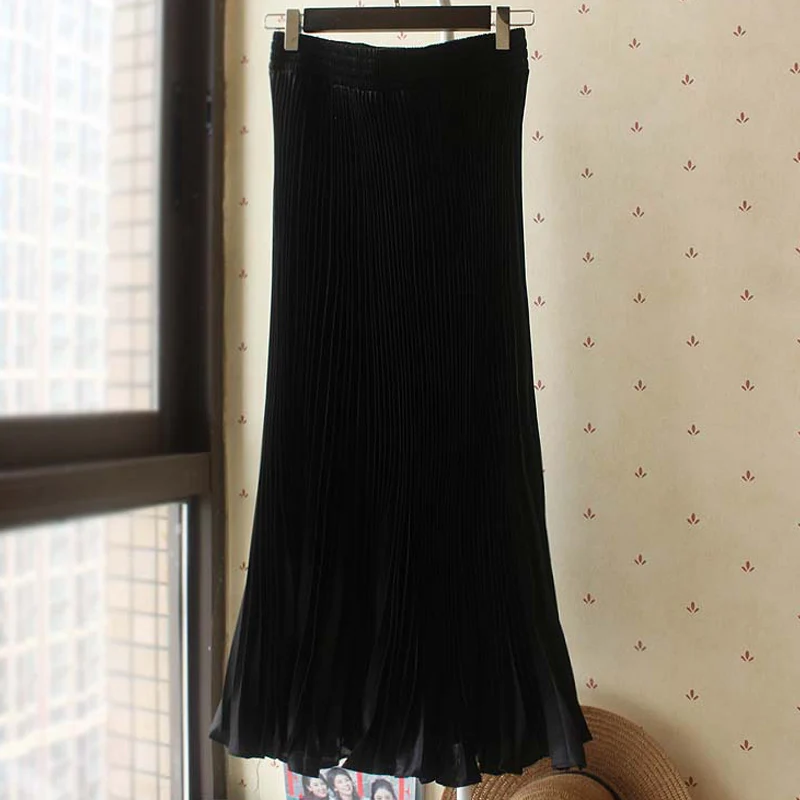 Black Qiuxuan, модные, большие, Свинг, длинные, плиссированные юбки, блак, эластичная, высокая талия, корейский стиль, оборки, подол, весна, осень, женская, макси юбка - Цвет: Black