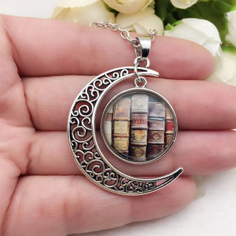 NEW Ancient books Glass Hollow Moon Shaped Pendant Silver Tone Necklacece | Украшения и аксессуары