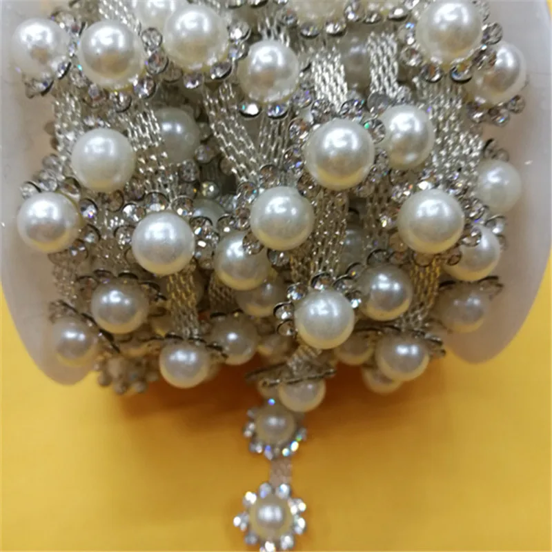 new hot 1 Yard 8mm Pearls Crystal Rhinestone Applique Strass Trims Silver Base Sewing Accessories free shipping | Дом и сад