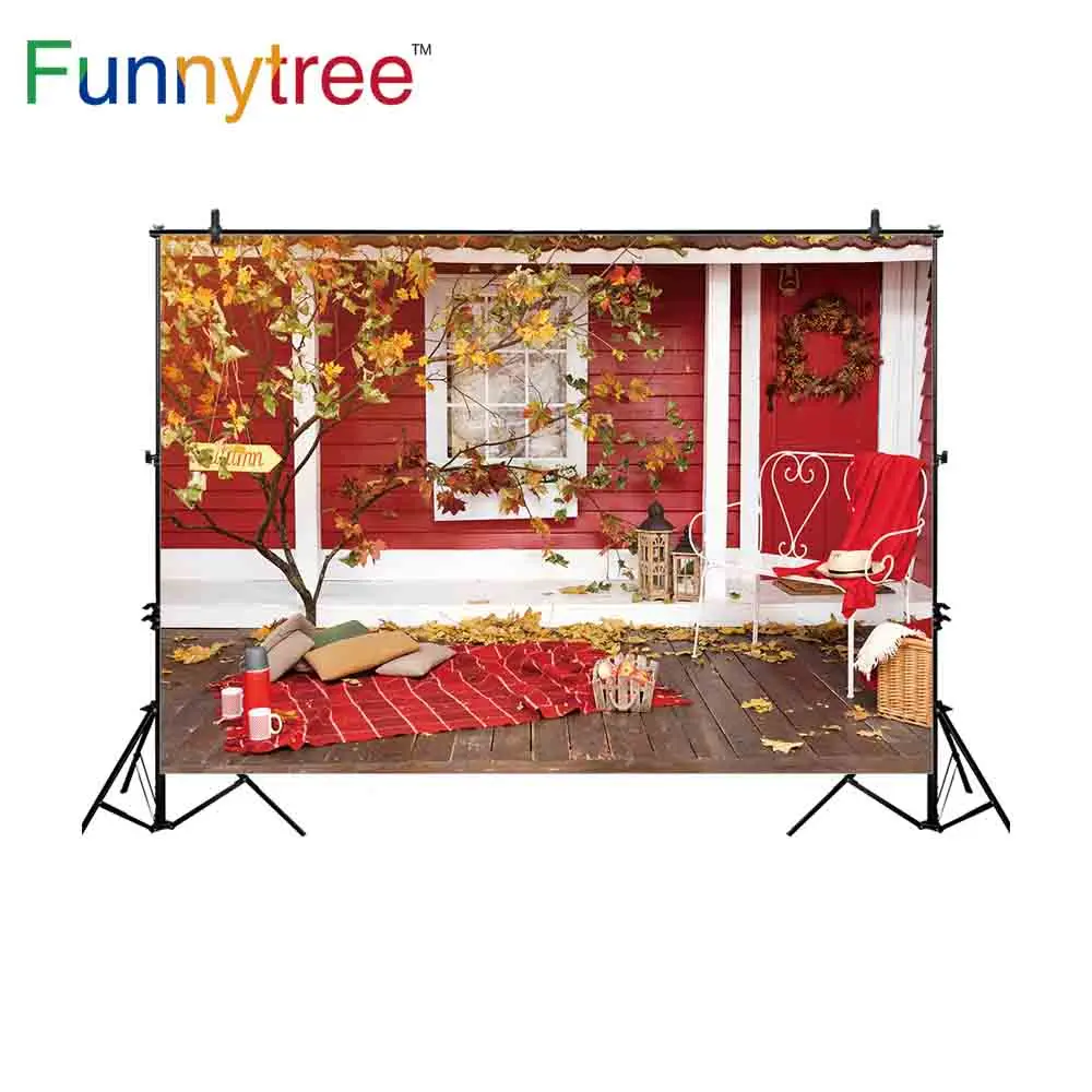 Фон Funnytree для фотостудии осень красный деревянный дом елка Рождественская