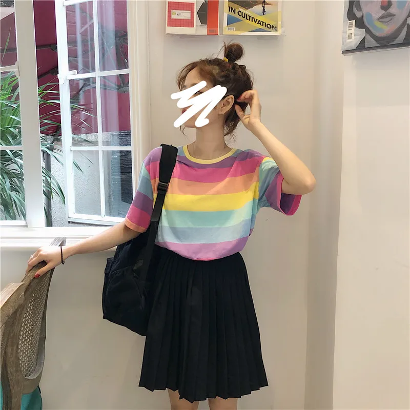 Женская одежда милые радужные полосатые топы ulzzang свободные футболки harajuku с
