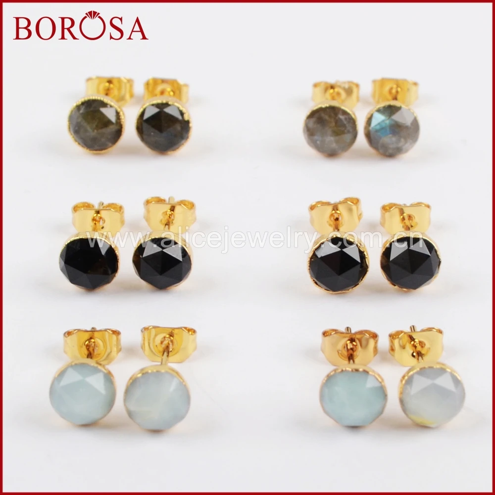 Круглые серьги гвоздики BOROSA 6 мм из друзы многоцветные граненые с камнем