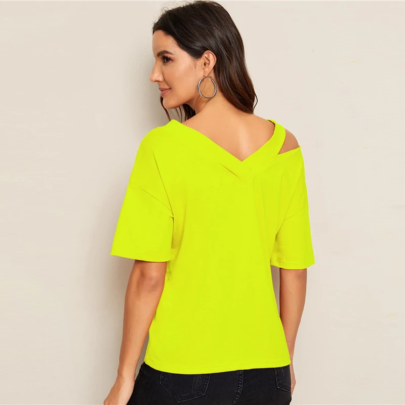 ROMWE Neon Green Lime Cut Out Shoulder Slogan Print Tee Tops Women Summer Asymmetrical Neck Half Sleeve Casual T Shirts