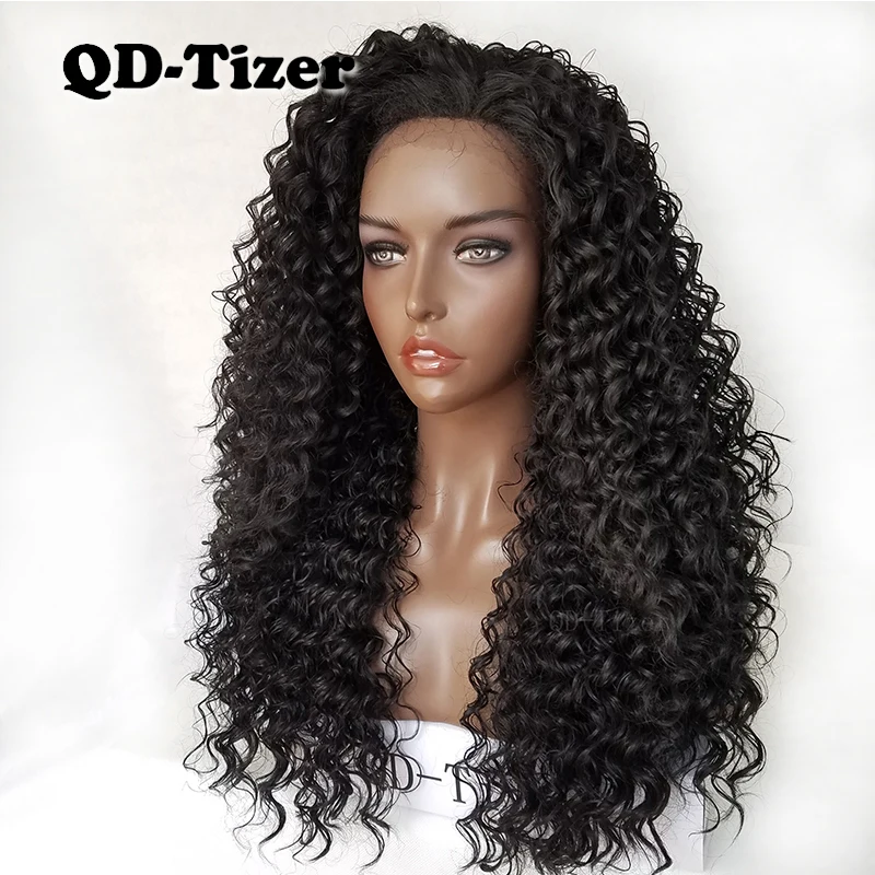 

QD-Tizer кудрявые волосы афро парики левая часть синтетический парик фронта шнурка Длинные Волосы Кудрявые Парики для черных женщин термостойкие 180 плотность