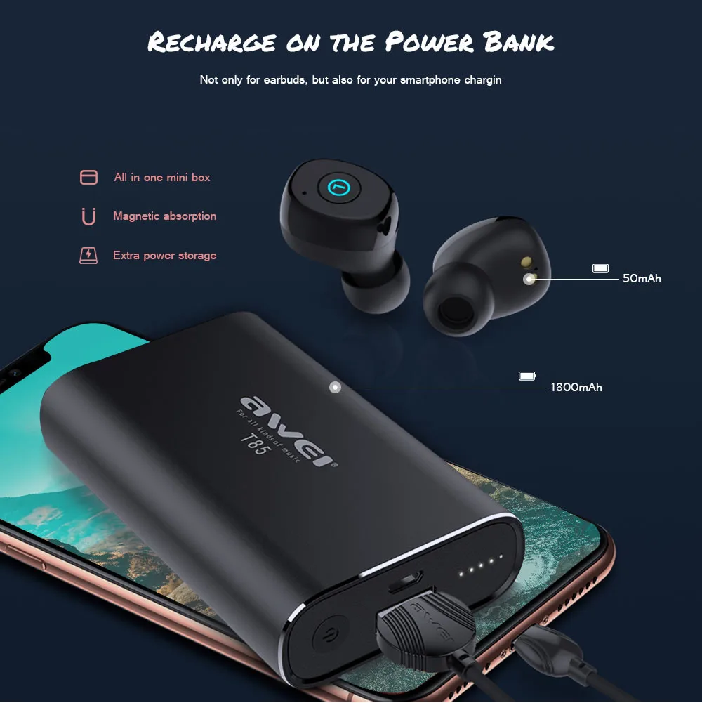 Оригинальные Наушники Awei T85 TWS Twins True беспроводные Bluetooth V5.0, водонепроницаемые наушники IPX4 с функцией контроля отпечатков пальцев и зарядной базой