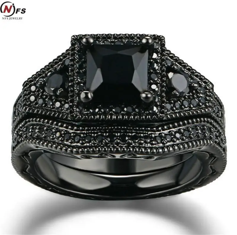 Набор свадебных обручальных колец NFS черное родиевое кольцо принцессы из оникса