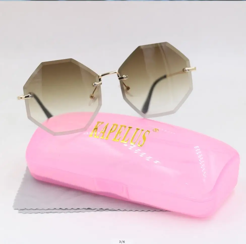 KAPELUS New Women Unique Octagon Sunglasses Fashion Rimless UV400 Male Sun glasses Mirror Female Driving Glasses Box