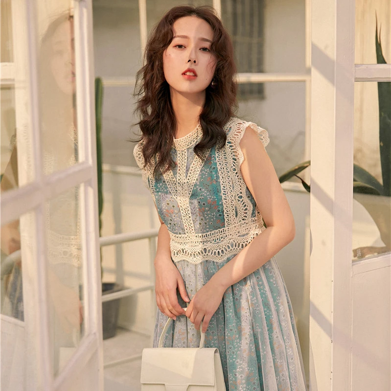 2019 новые модные женские платья цветочное ажурное кружевное газовое платье-жилет