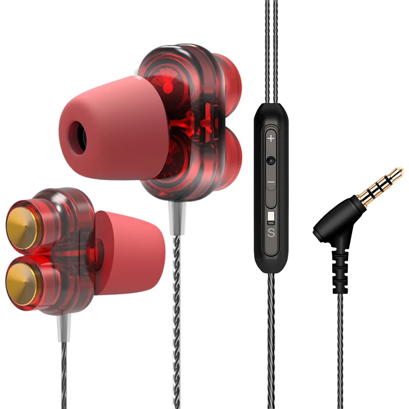 Красный RUKZ Z02 двойные динамические наушники со спикером с микрофоном для телефона XIAOMI, стерео наушники-вкладыши, прозрачная гарнитура, бас спортивные наушники - Цвет: Красный