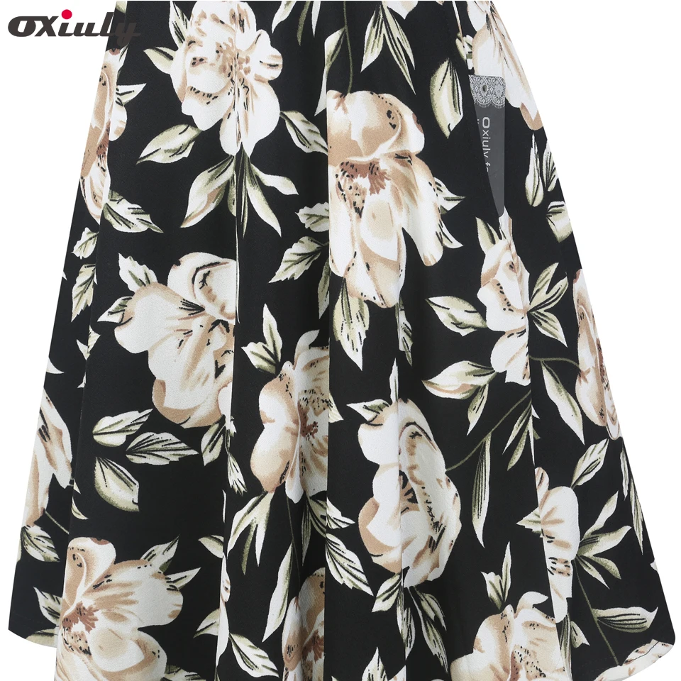 

Oxiuly Vintage Hollow Out Spaghetti Strap Floral Print Patchwork O-Neck Work Dress A-Line Female Flare Print Formal Causal Dress