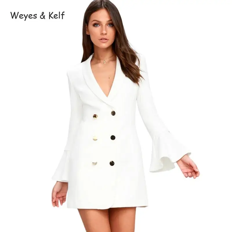 

Weyes & Kelf V-neck Flare Sleeve Buttons Dress Women 2020 Black/white Casual Solid Mini Dresses Elegant Vestidos Ladies Dress