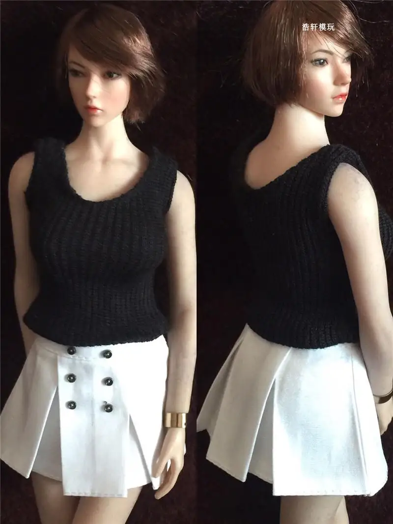 Масштаб 1/6 черный вязаный жилет и белая юбка комплект одежды модель для женских