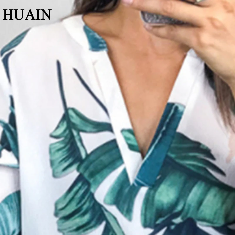 2018 Осень блузка рубашка женская новая листья печать с длинным рукавом v-образный