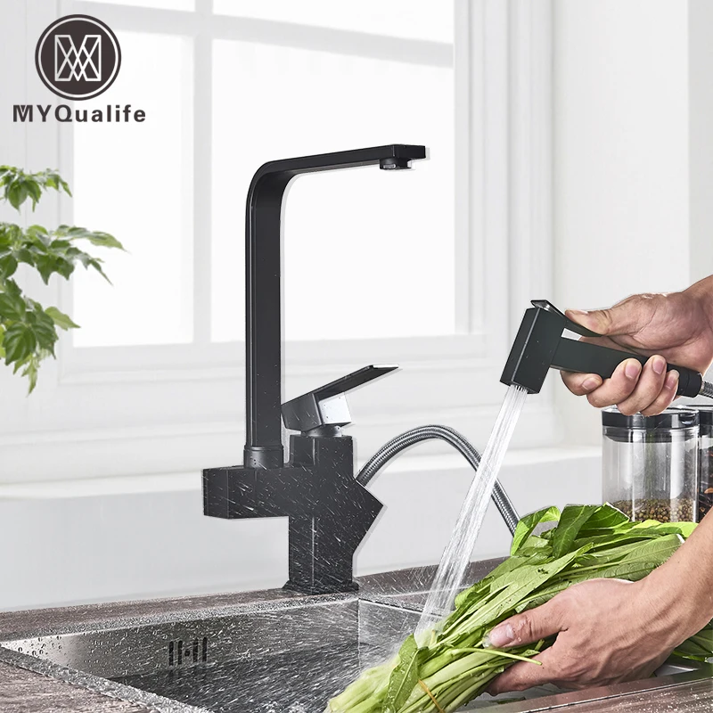 

Matte Black Kitchen Faucet Stainless Steel Mixer Tap Single Handle Two Swivel Spouts Kitchen Pull Out Spray Tap