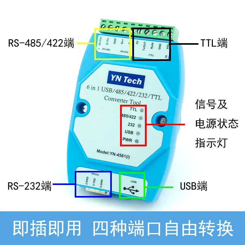 Изолированный модуль последовательного порта 6 в 1 YN4561I CP2102 USB/485/422/232/TTL сменный