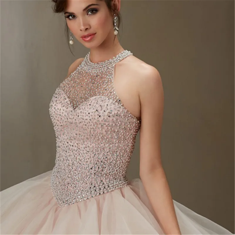 Шампанское платье для Quinceanera 2019 Бальные платья милое 16 дюймов с глубоким декольте