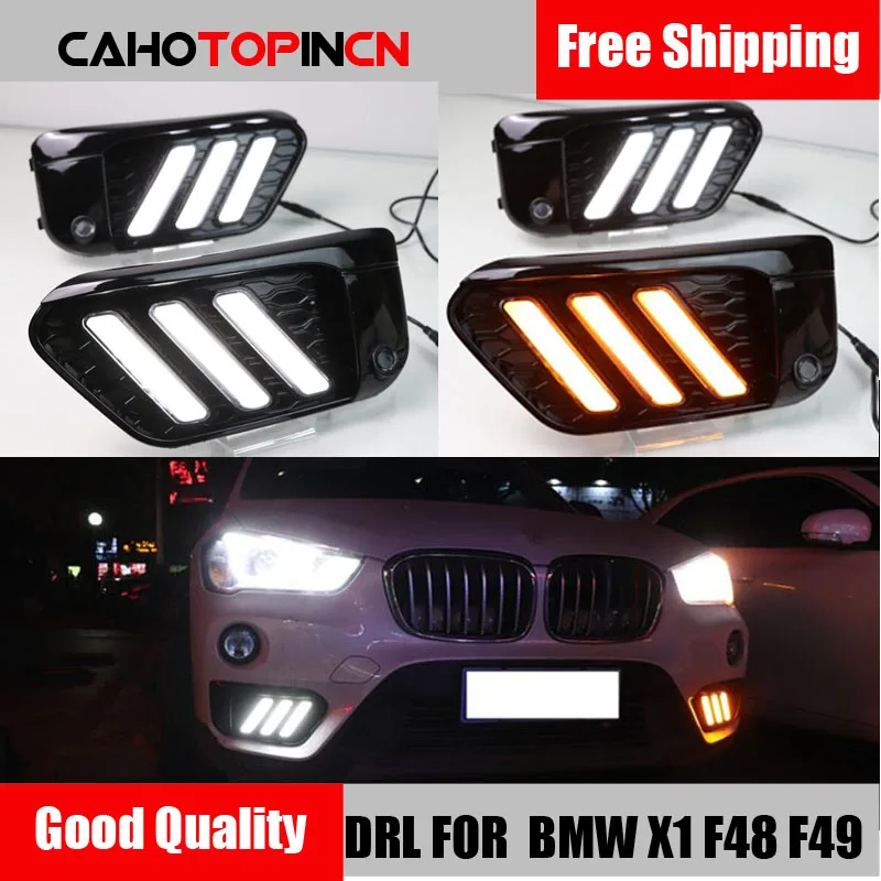 2PCS LED DRL Daytime Running Light Daylights for BMW X1 F48 F49 2016 2017 2018 2019 fog lamp With Yellow Turn Signal style relay |