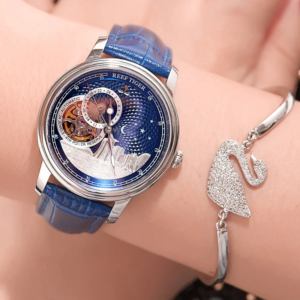 Reef Tiger/RT Luxury Fashion Watch for Women Men Blue Tourbillon Automatic Watch Leather Unisex Watches Clock Reloj RGA1739 enlarge