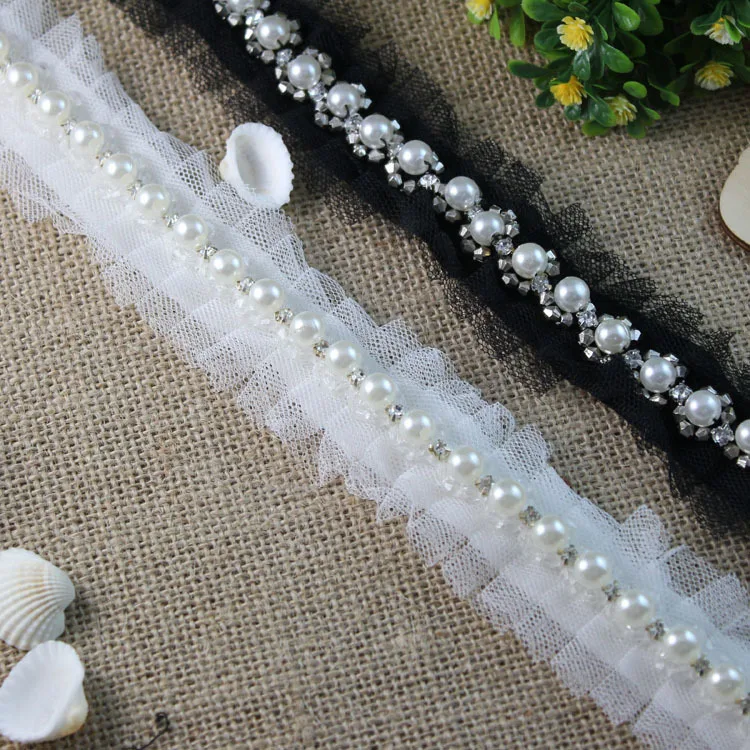 

3 yard delicate white bead flower lace trim for DIY sewing fabric with pearl-YC