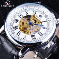 forsining roman number black genuine leather band golden gear movement blue hands mens mechanical watch top brand luxury clock