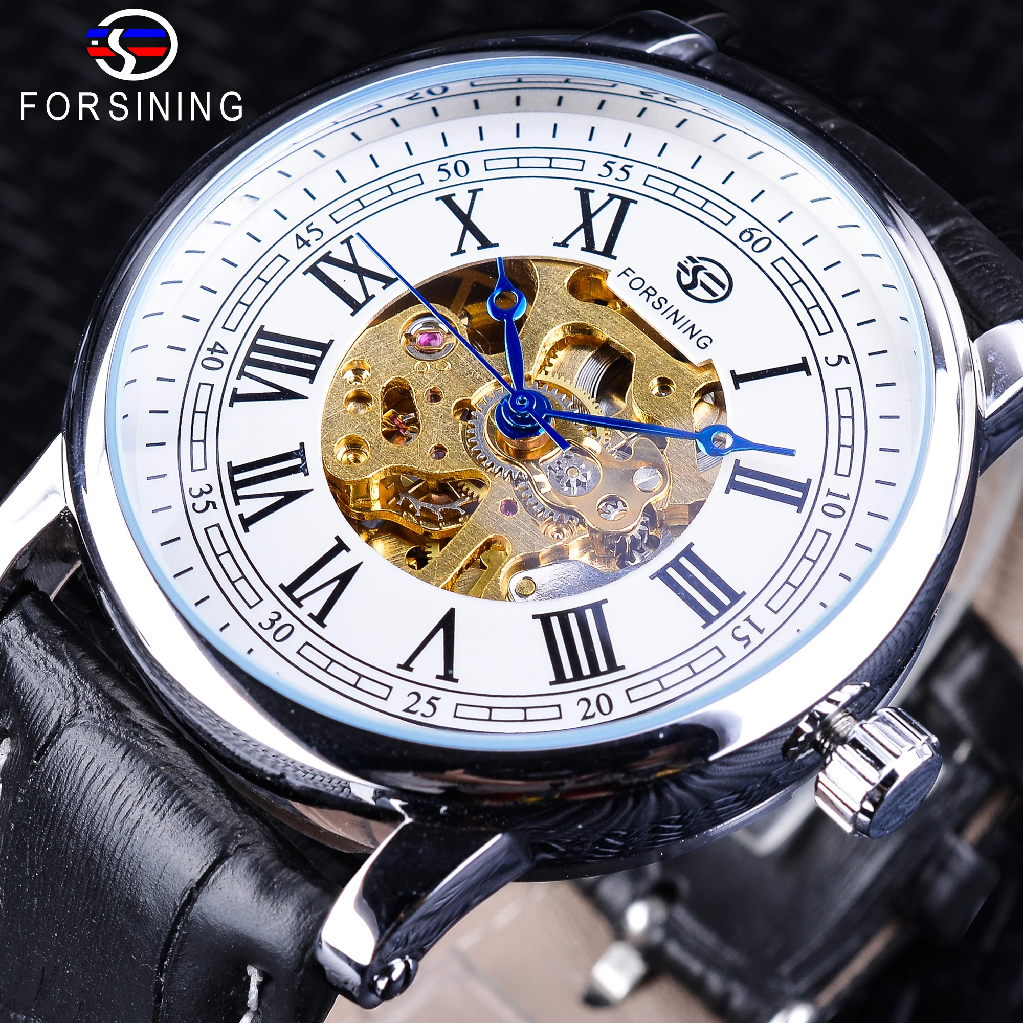 Forsining римские цифры черный ремешок из натуральной кожи золотой механизм синие
