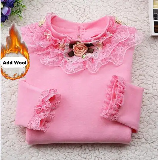 Bow Rose Add Wool Осенняя детская футболка для девочек с длинными рукавами из хлопка; сезон зима; коллекция года; теплые топы с цветочным принтом; детская одежда с добавлением шерсти; футболки; блузки для подростков - Цвет: Bow Rose Add Wool
