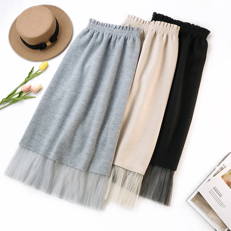 

2020 Spring New Arrival Mesh Hem Splicing Knitted Skirt Women Mermaid Hip-wrapped Office Skirts Womens Vintage Skirt Free Shippi