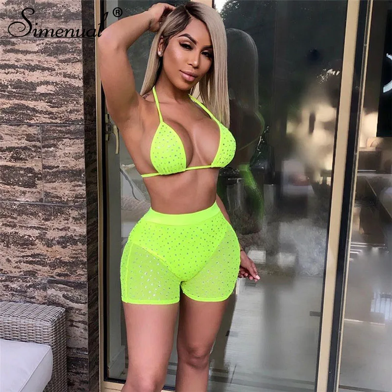 neon yellow Simenual, расшитый бисером сексуальный женский комплект из двух частей, Сетчатый неоновый бюстгальтер без косточек и шорты, Модный комплект, летняя Клубная одежда для вечеринки, облегающий комплект - Цвет: neon yellow