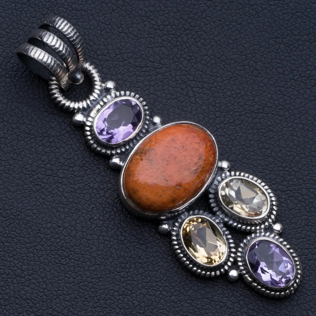 

Natural Sponge Coral,Citrine and Amethyst Punk Style 925 Sterling Silver Pendant 2" P0679
