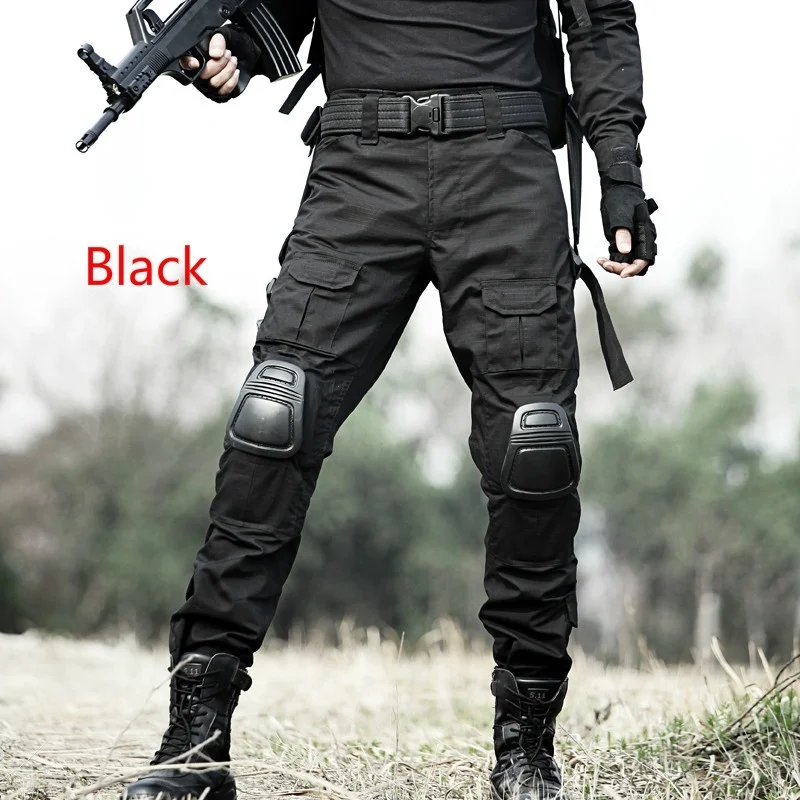 black Тактические штаны, военные брюки-карго, мужские наколенники, спецназ, армейская страйкбольная камуфляжная одежда, охотник, полевая работа, боевые брюки, Лесной лес - Цвет: black