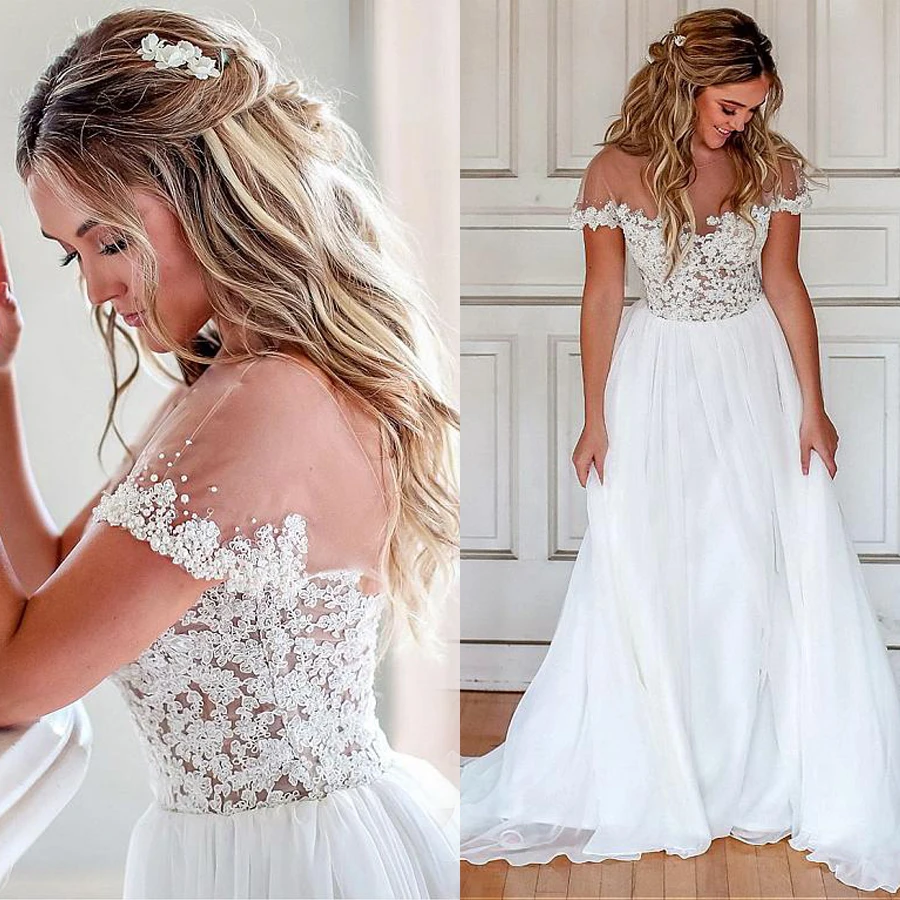 

Chiffon O-Neckline A-line Beaded Lace Appliques Short Sleeves Boho Wedding Dress Gown Sofuge Vestido De Noiva Dubai Arabic Sukni