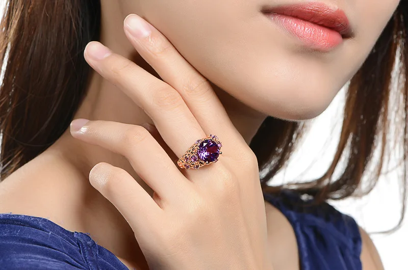 Роскошное кольцо с натуральным аметистом женское 14 к розовое золото Bague Etoile Gemstone Anillos De Ring Bizuteria Agate кольца со стразами NoEnName